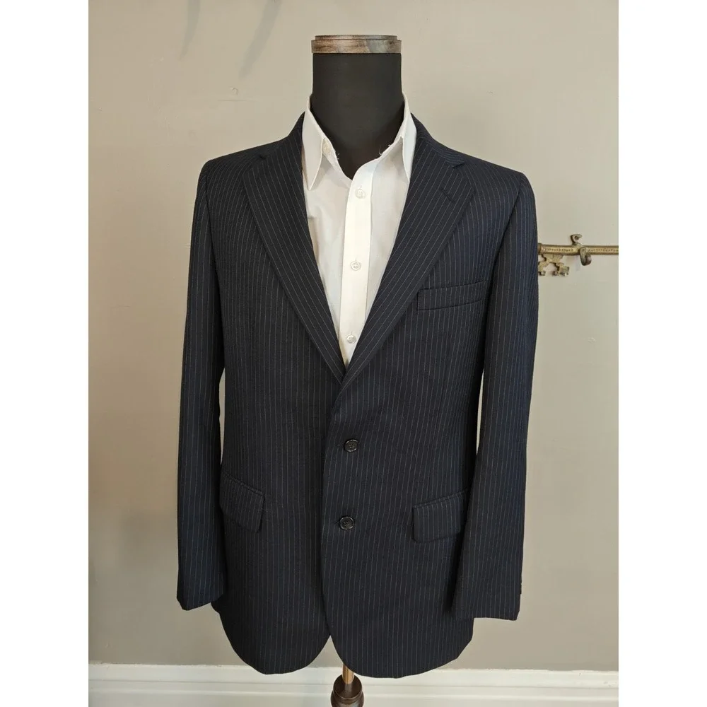 Adams Row Vintage Mens Wool Sports Coat 42L Blue Chalk Stripe USA 2 Button